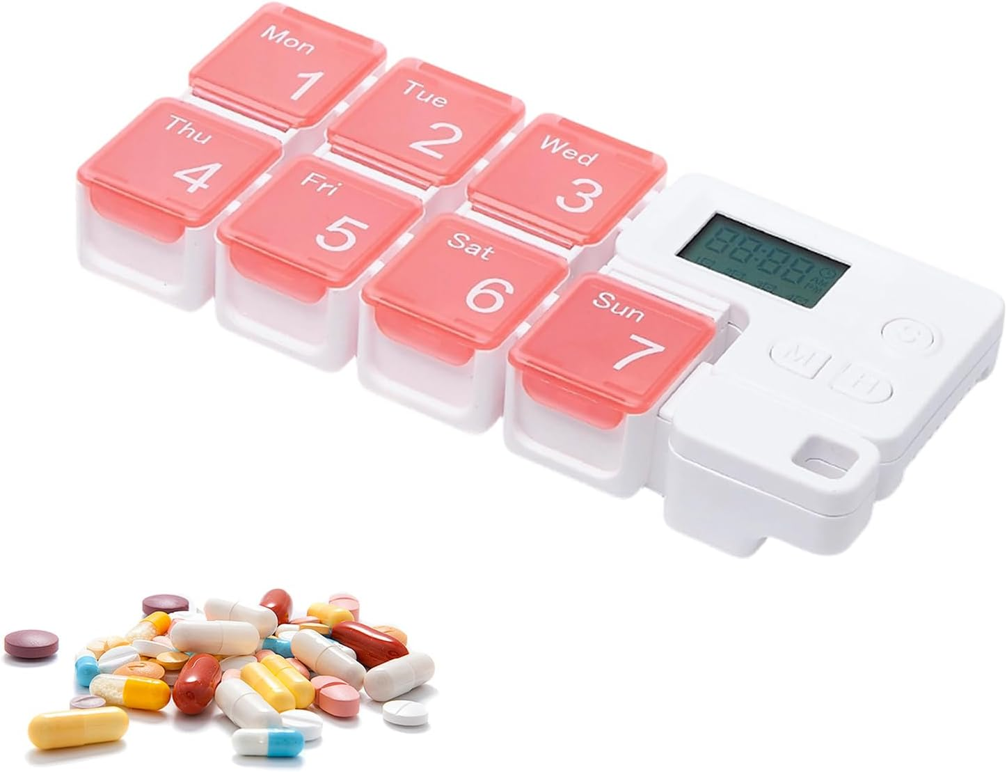Ein Pillendose mit 7 Fächern und ein Haufen Pillen daneben.