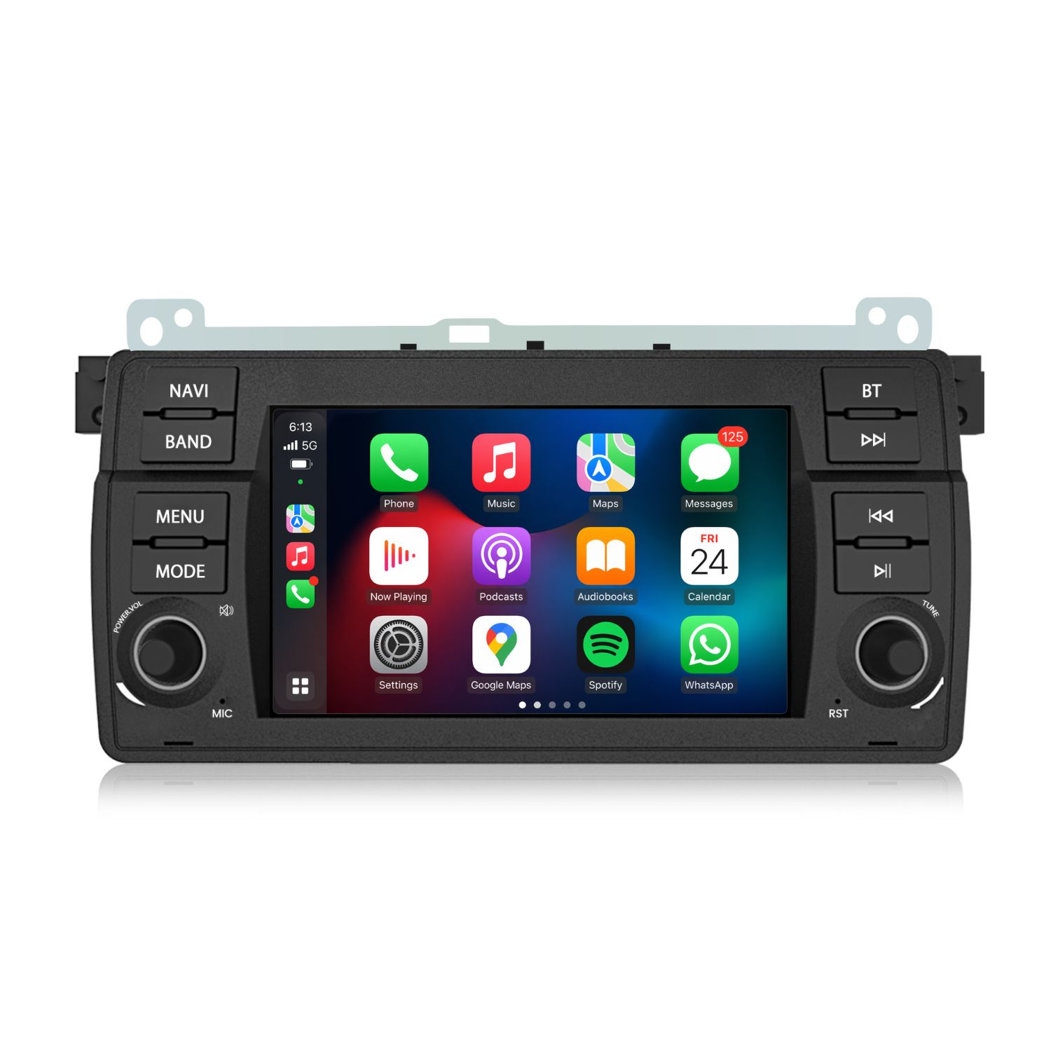 Auto-Infotainment-Bildschirm mit Apps wie Telefon, Musik, Karten, Nachrichten, Kalender.