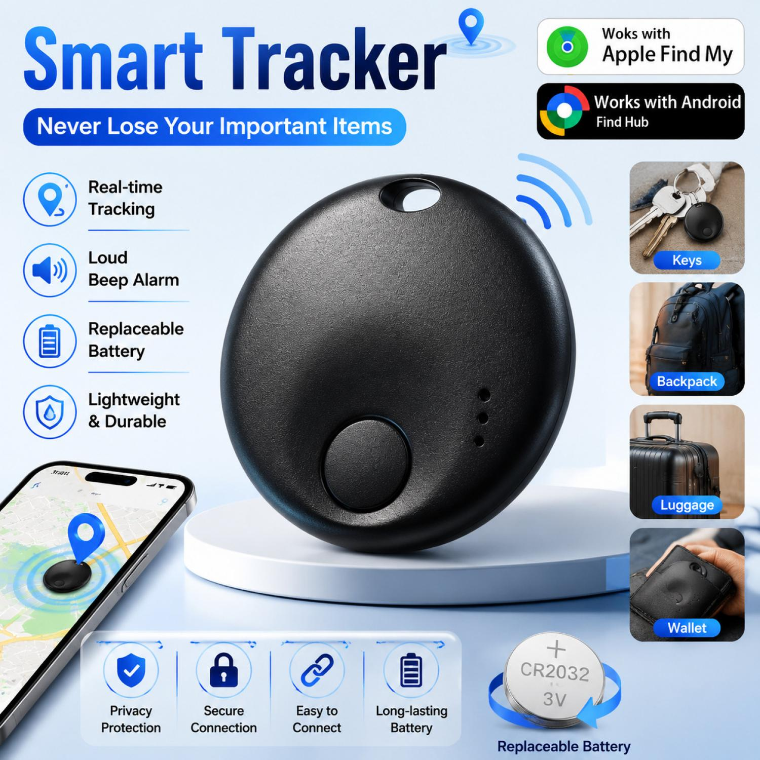 Smarter Tracker mit Handy, das Karte anzeigt, Schlüssel, Rucksack, Gepäck, Geldbörse, Batterie.