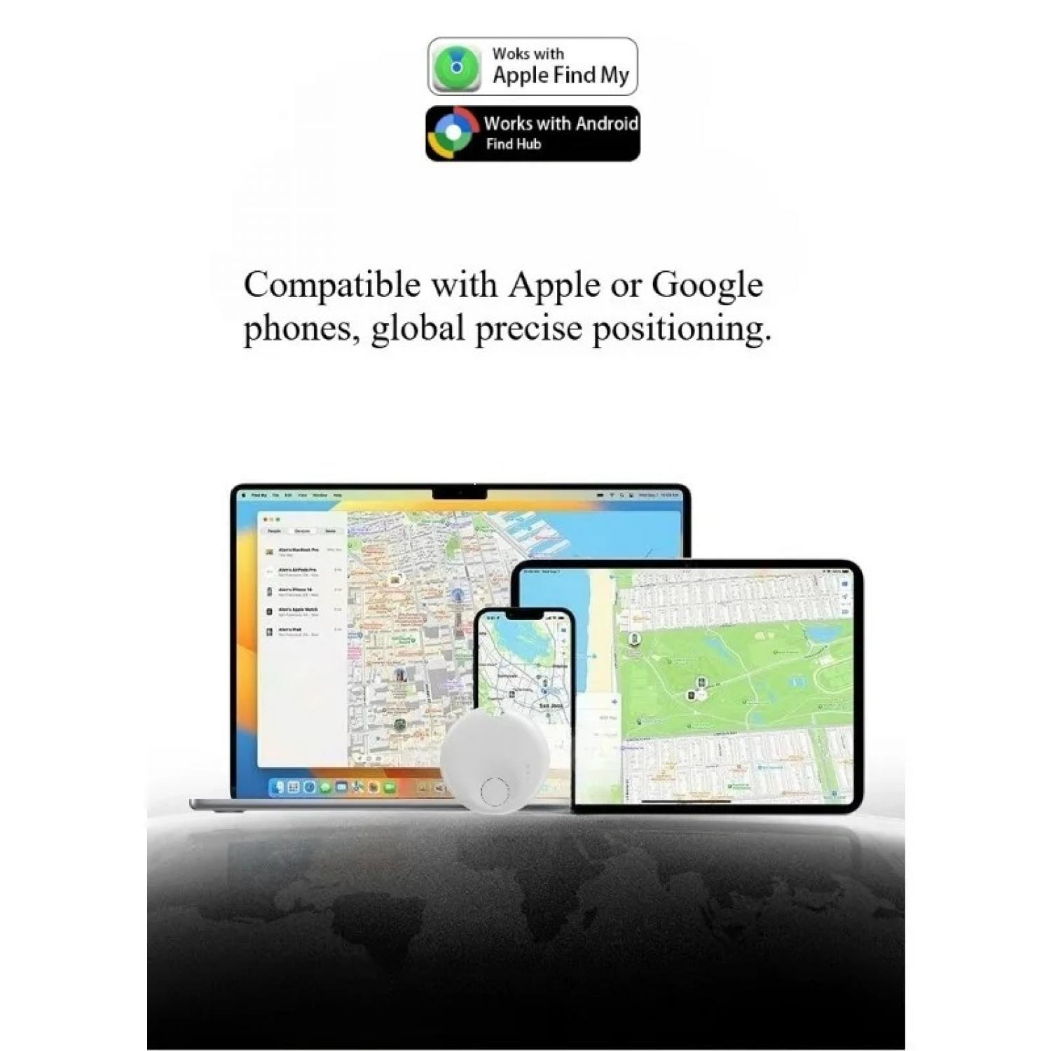 Ein weißer Tracker sitzt vor einem Laptop, Handy und Tablet mit Karten. Kompatibel mit Apple/Google.