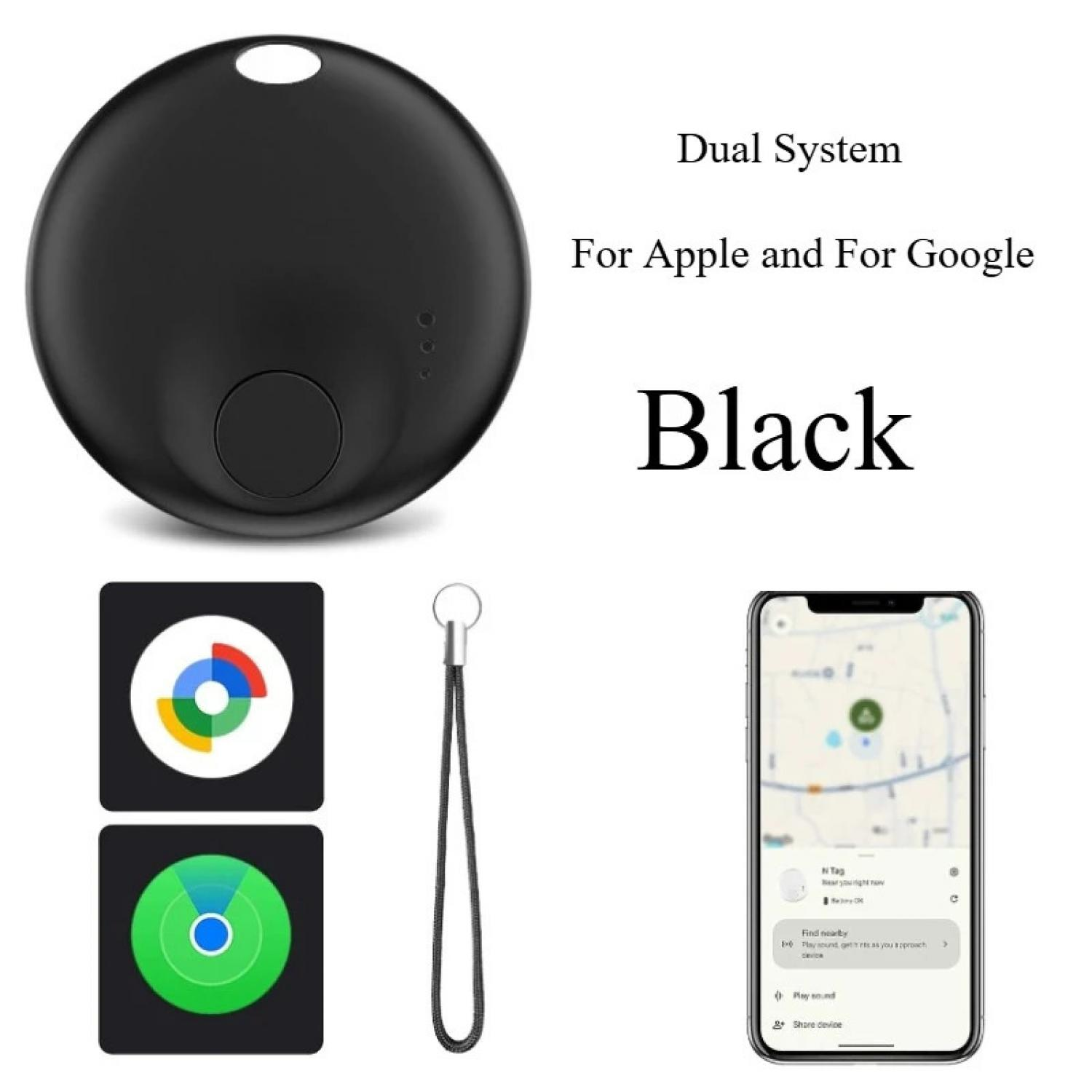Schwarzer Tracker, Lanyard, Handy mit Karte und App-Icons. Duales System.