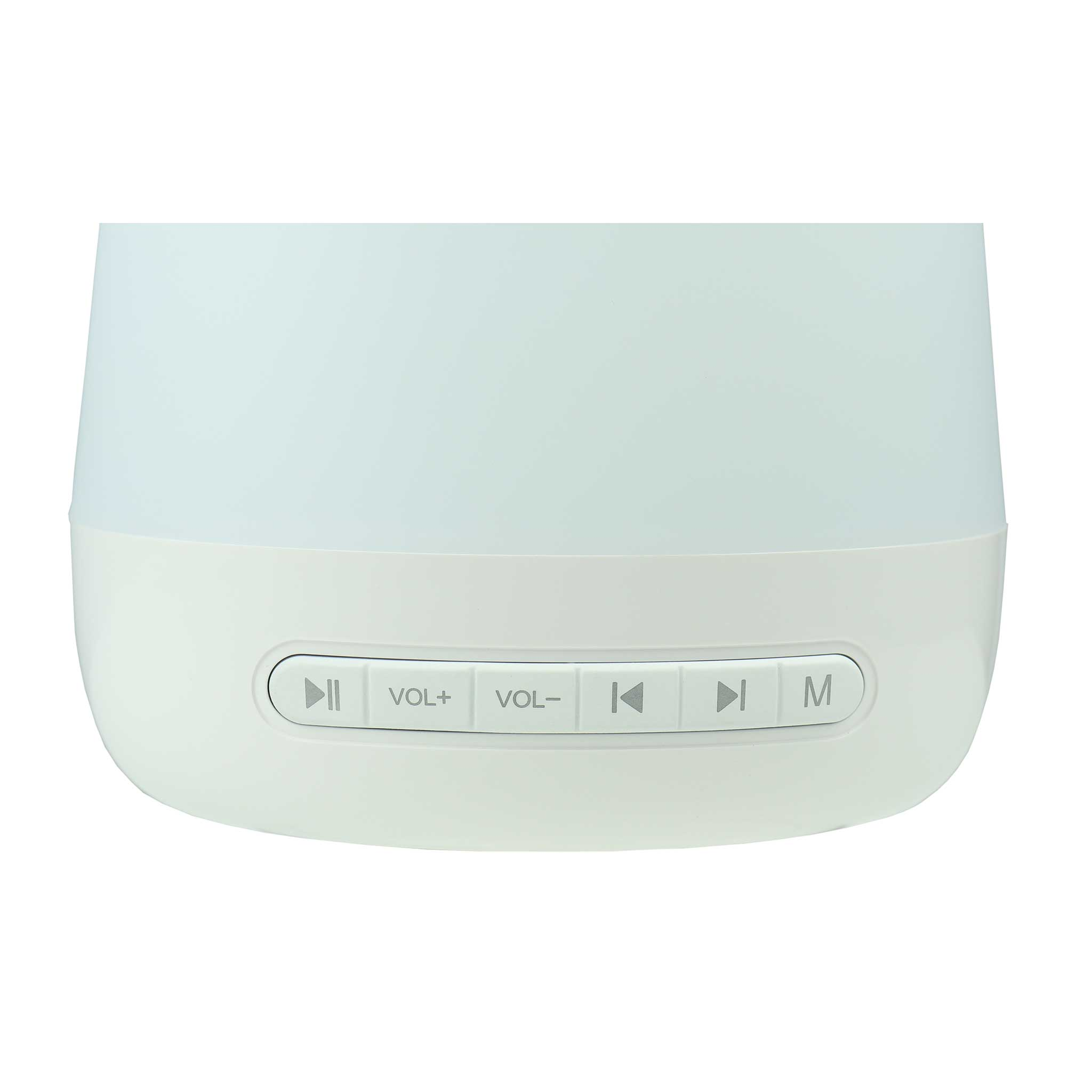 Weiße Lampe mit Bedienelementen: Play, Lautstärke +, Lautstärke -, Vorlauf, Zurück.