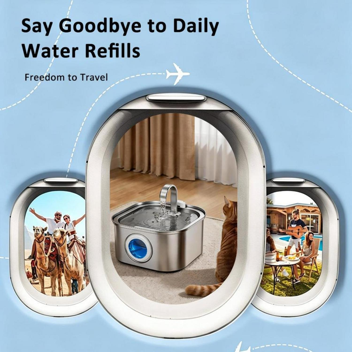 Produkt wirbt für Wasserauffüllungen für Haustiere, zeigt Reise- und Freizeitszenen.