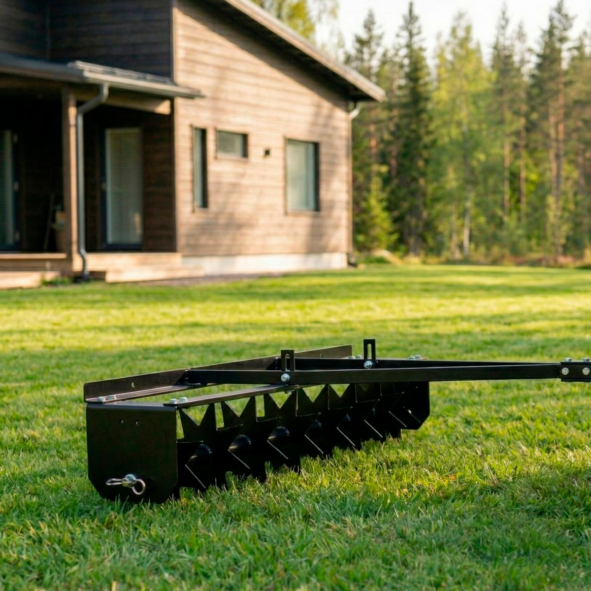 Ein schwarzer Rasenlüfter steht auf grünem Gras vor einem Holzhaus.