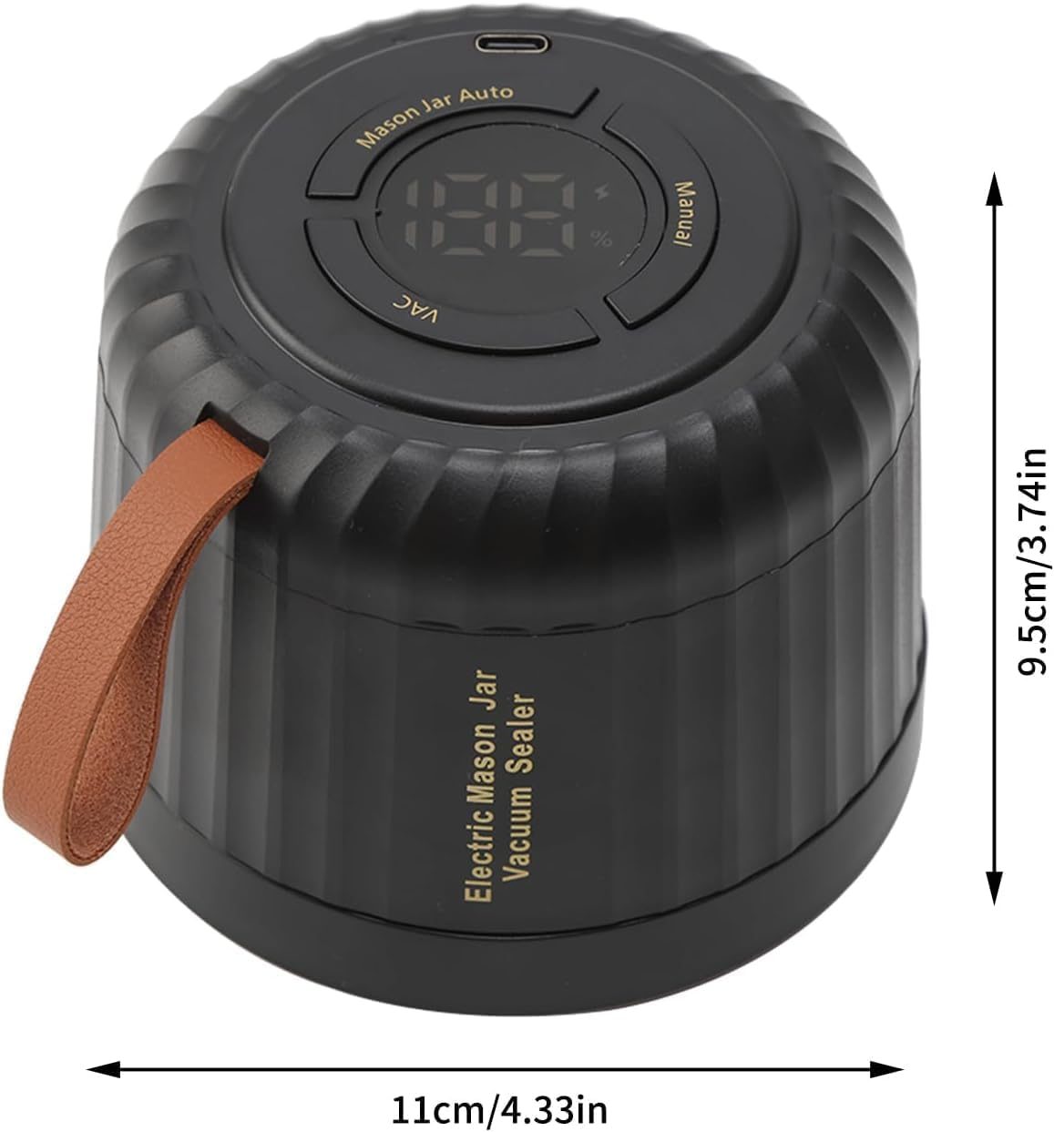 Schwarzer elektrischer Mason-Jar-Vakuumierer mit Digitalanzeige und braunem Griff.