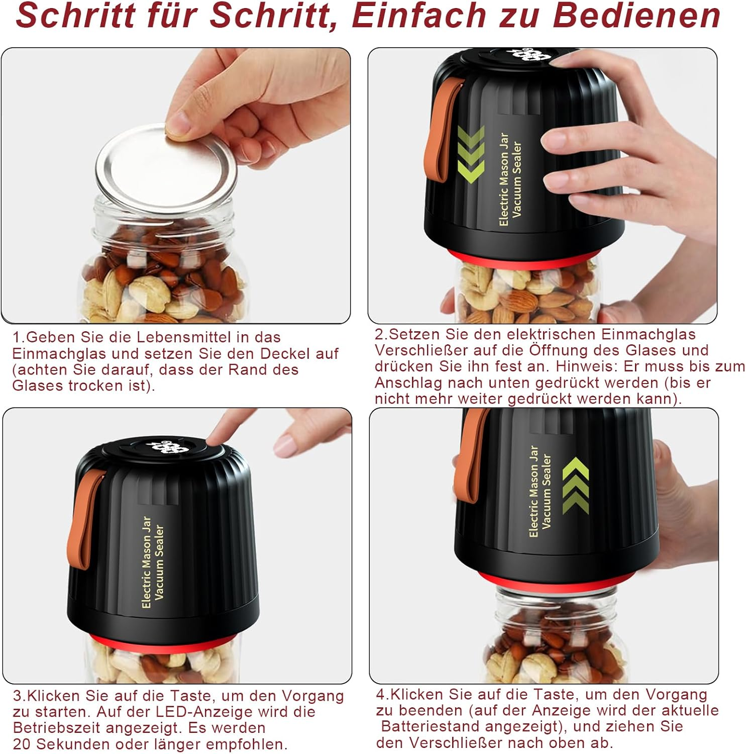 Schritt-für-Schritt-Anleitung zur Verwendung eines Vakuumversiegelers für Einmachgläser.