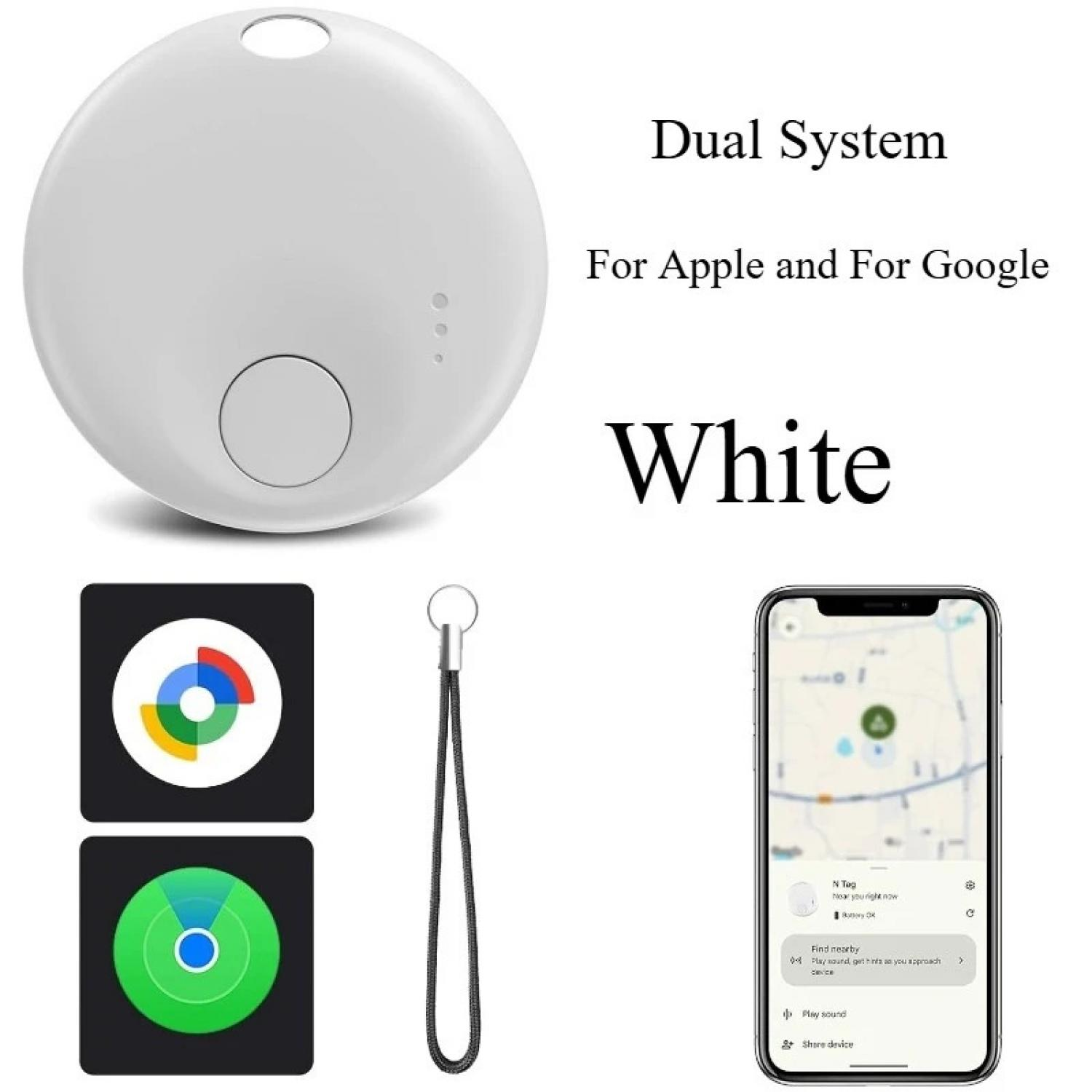 Weißer runder Tracker, Handy-App und Lanyard. Duales System für Apple und Google.
