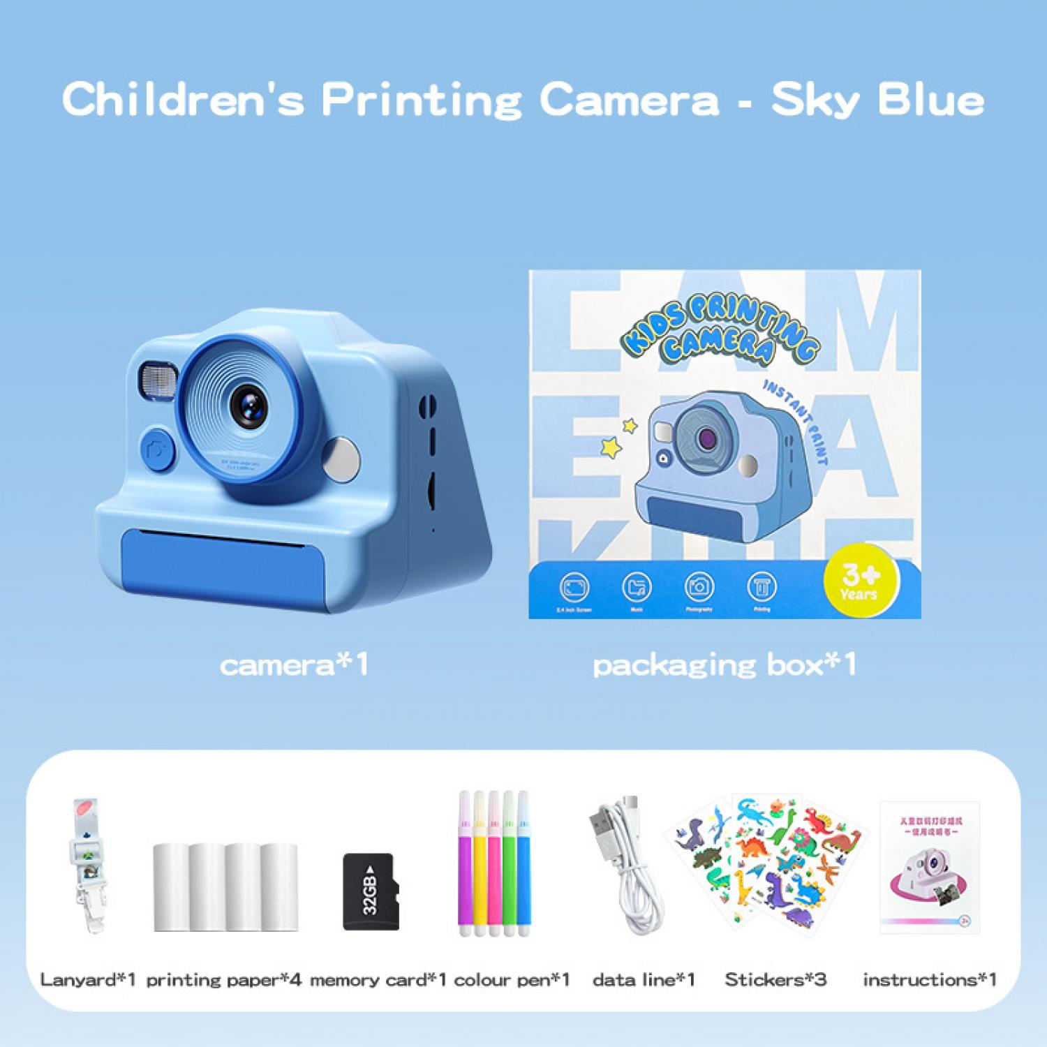 Ein hellblaues Kinderkamera-Set mit Zubehör: Kamera, Verpackung, Lanyard, Papier, Speicherkarte, Stifte, Kabel, Sticker, Anleitung.