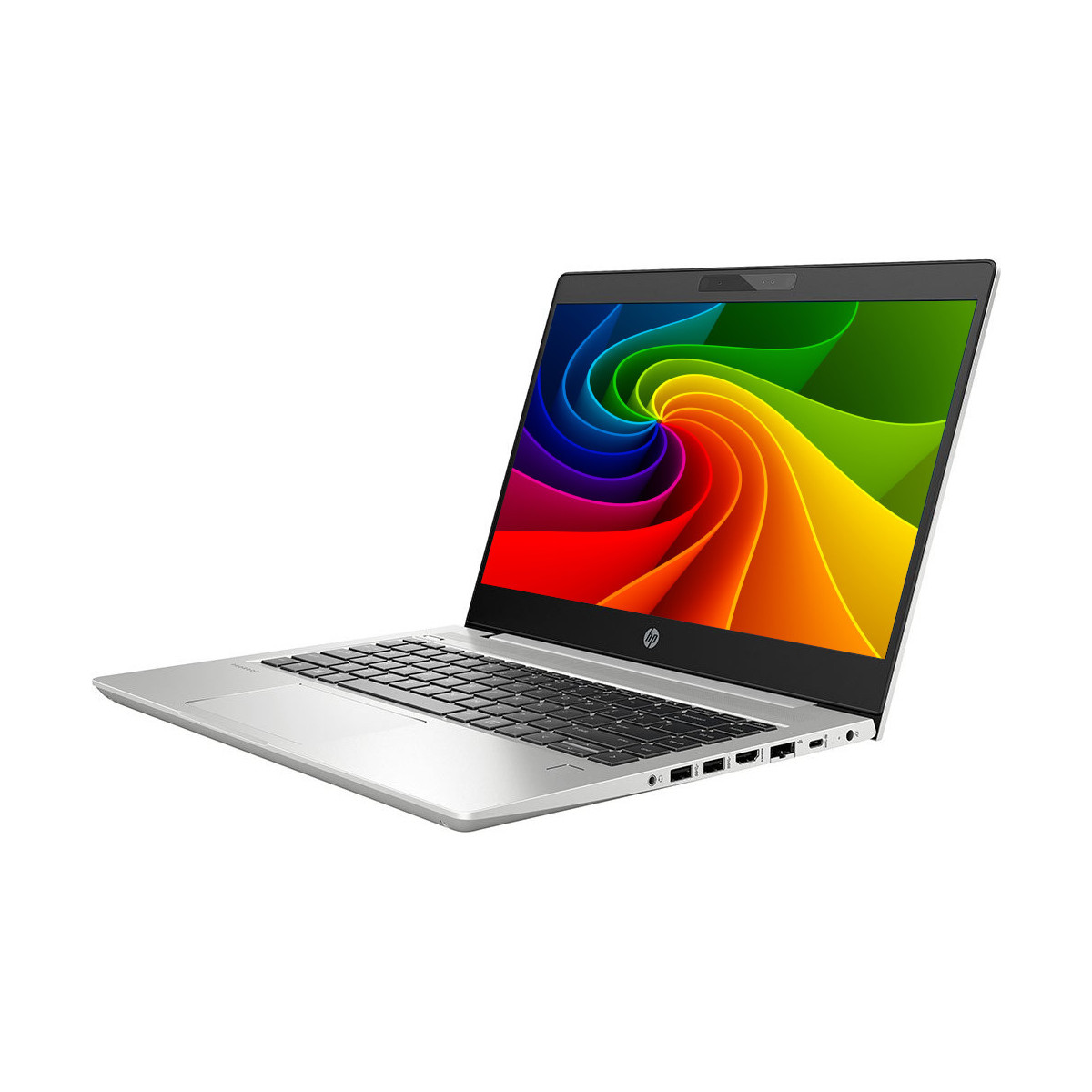 Ein offener silberner HP Laptop mit einem bunten Wirbelbildschirm.