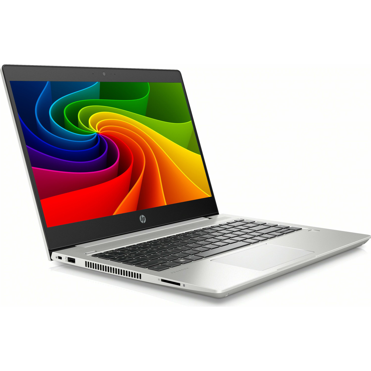 Ein silberner HP Laptop mit einem bunten abstrakten Wirbel auf dem Bildschirm, vor weißem Hintergrund.