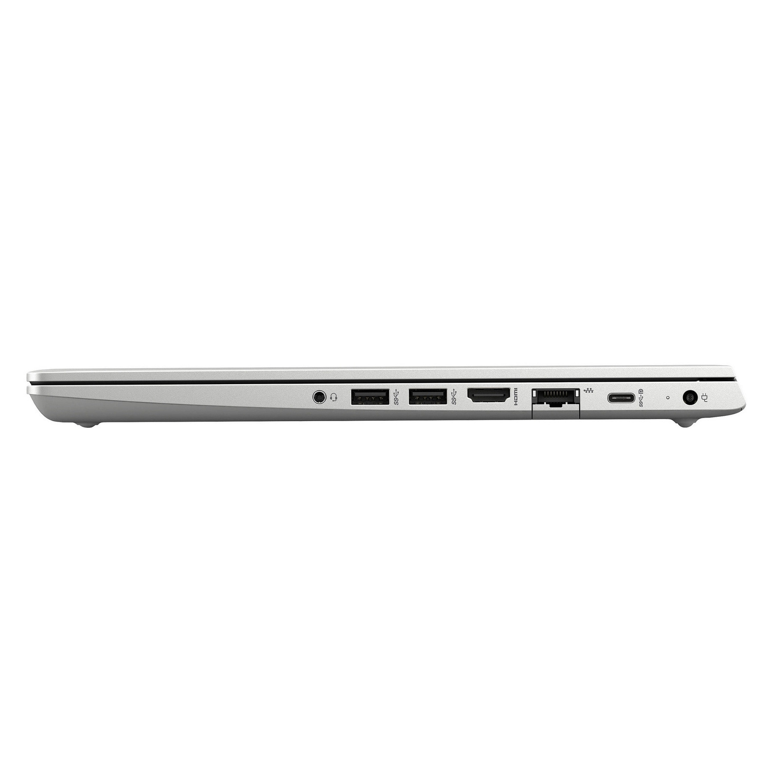 Silberner Laptop-Seite mit Anschlüssen: Kopfhörer, 2x USB-A, HDMI, Ethernet, USB-C, Netzteil.