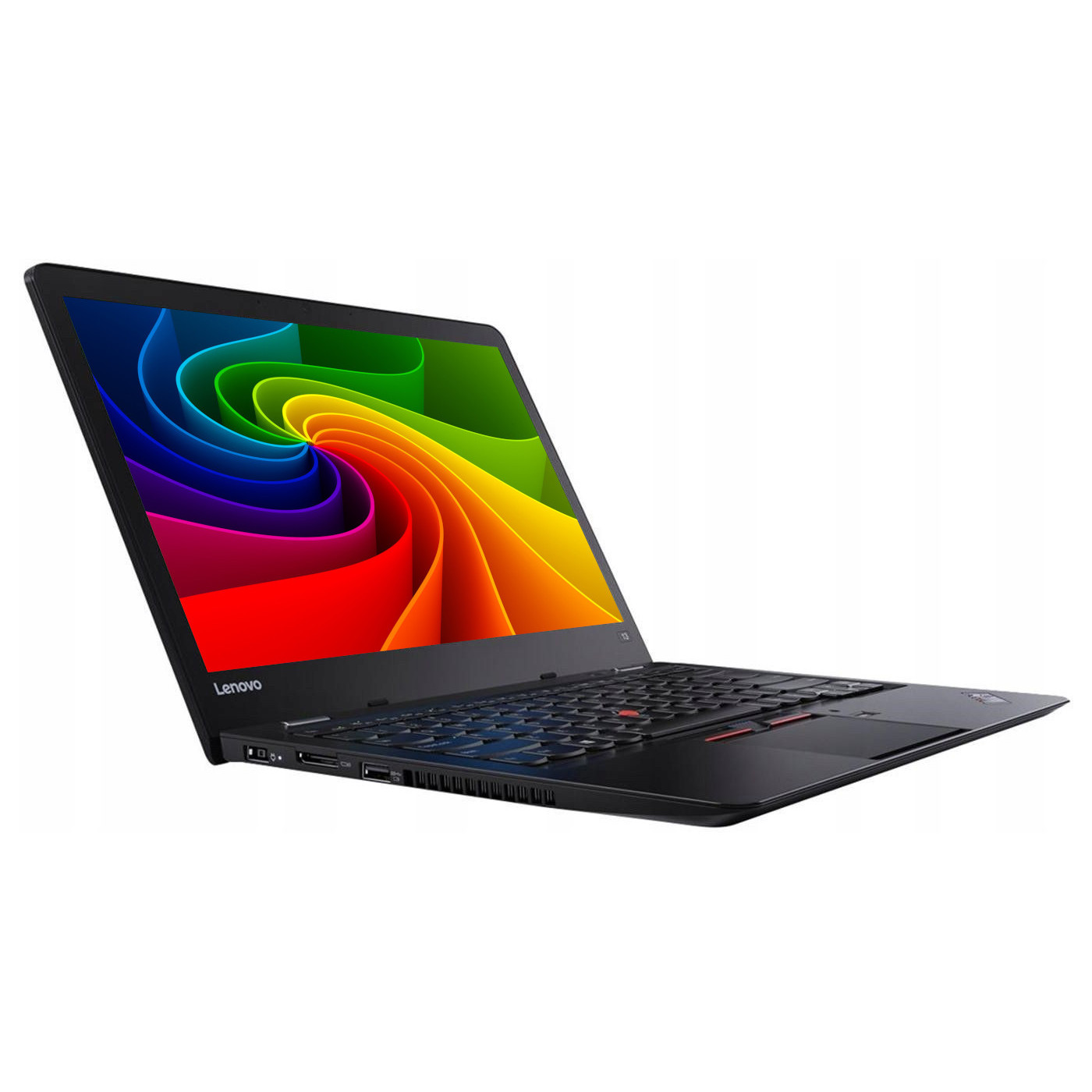 Ein geöffneter schwarzer Lenovo Laptop mit einem bunten Muster auf dem Bildschirm.