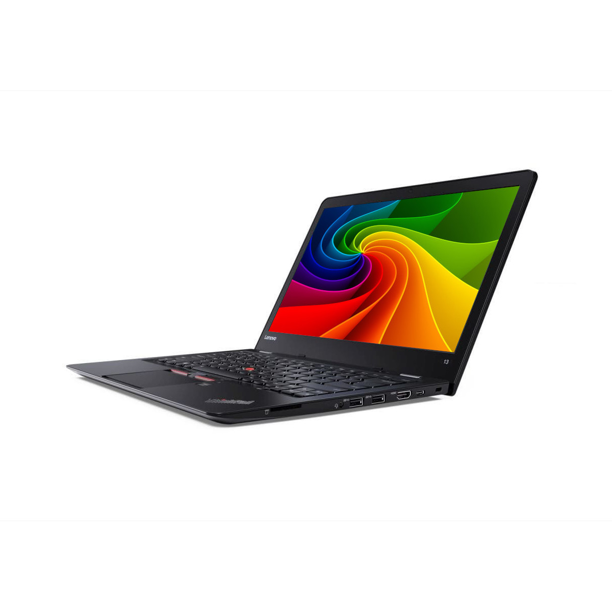 Ein schwarzer Lenovo Laptop mit farbigem Hintergrundbild auf dem Bildschirm.