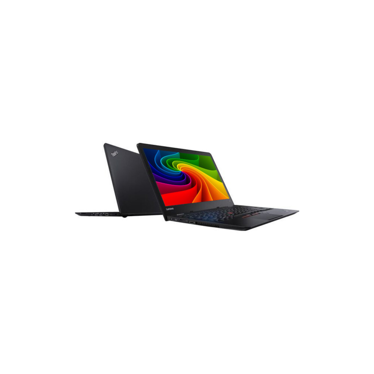 Zwei schwarze Laptops nebeneinander, einer mit einem bunten Regenbogenbildschirm.