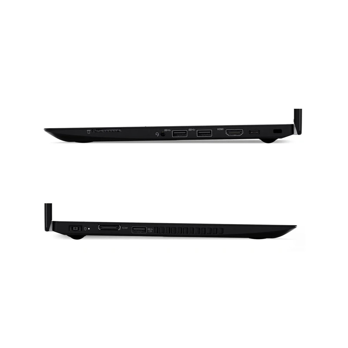 Schwarzer Laptop Seitenansicht zeigt Anschlüsse: USB, HDMI, Audiobuchse und SD-Kartenleser.