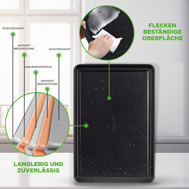 Eine schwarze Backblech mit weißen Sprenkeln und Diagrammen, die seine Schichten zeigen.