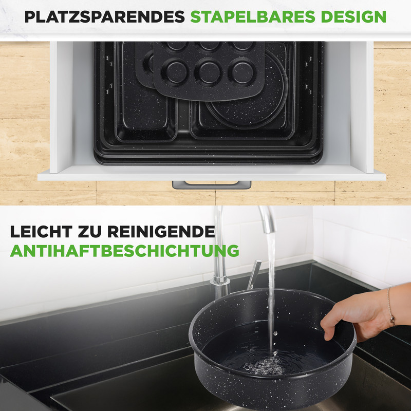 Backformen in einer Schublade und eine Hand wäscht eine Pfanne unter fließendem Wasser.