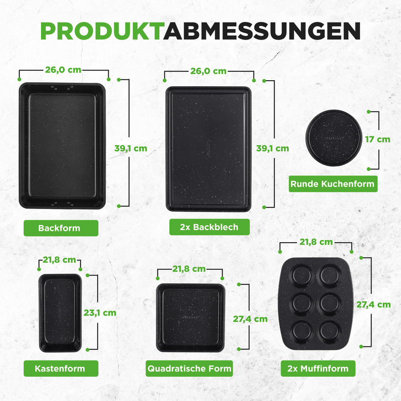 Übersicht der Maße für Backformen: Backform, 2x Backblech, runde Kuchenform, Kastenform, quadratische Form, 2x Muffinform.