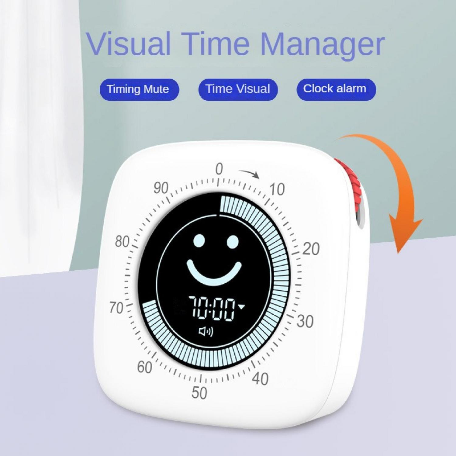 Weißer digitaler Timer mit Smiley und angezeigten 70:00. Mit Timing Mute, Time Visual, Clock Alarm.
