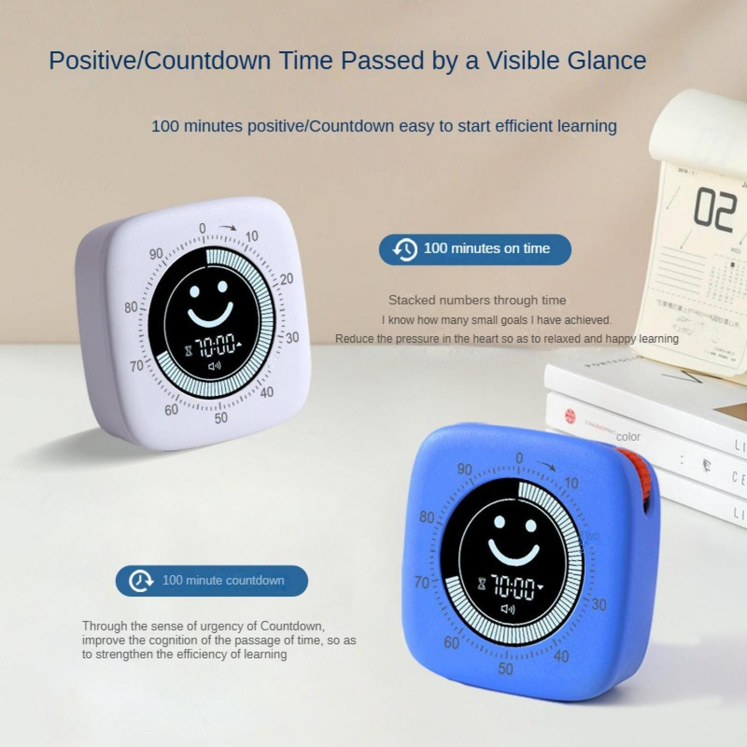 Zwei digitale Timer, weiß und blau, mit Smiley-Gesicht und Zeitangabe.
