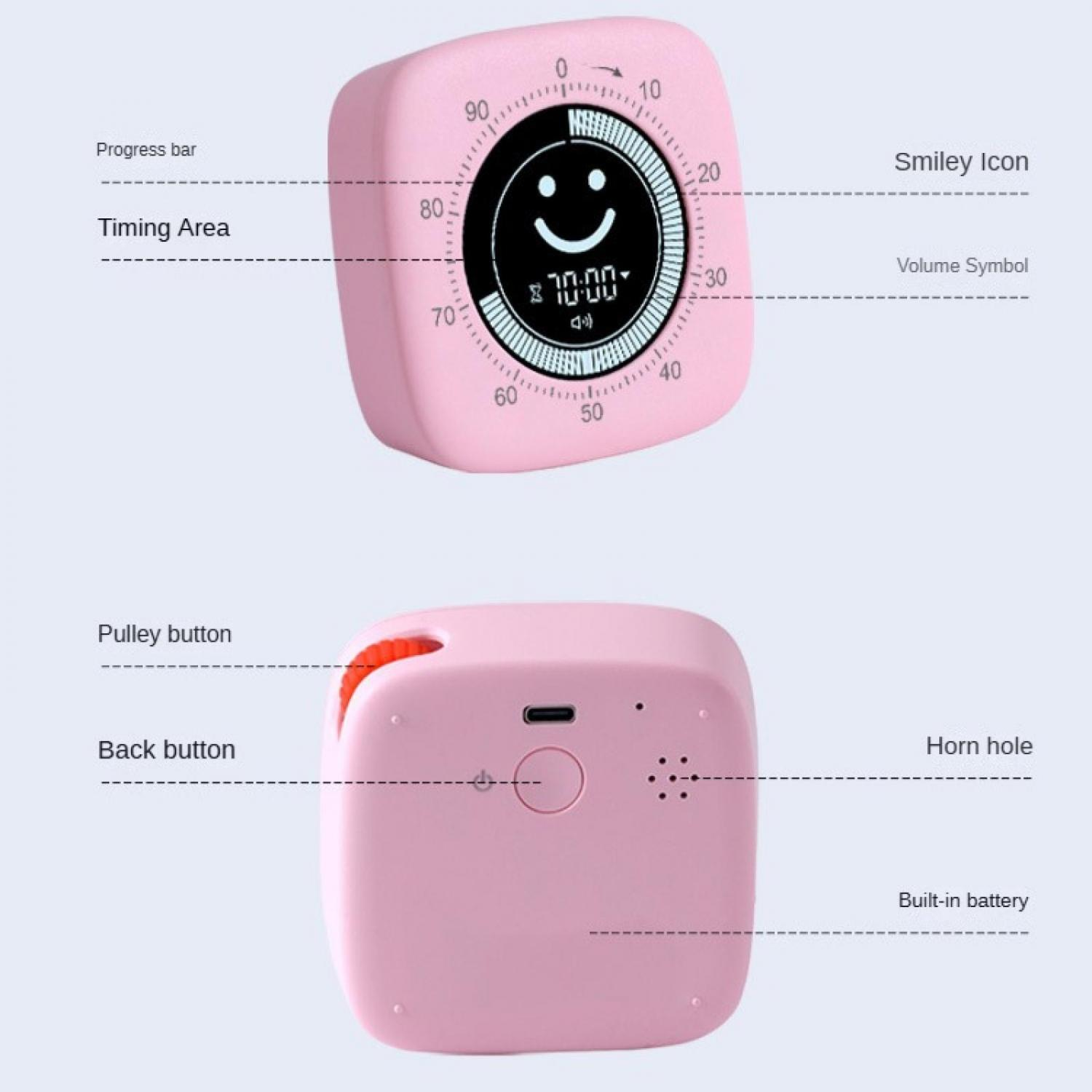 Rosa Würfeltimer mit digitaler Anzeige, die ein Smiley und die Uhrzeit zeigt.