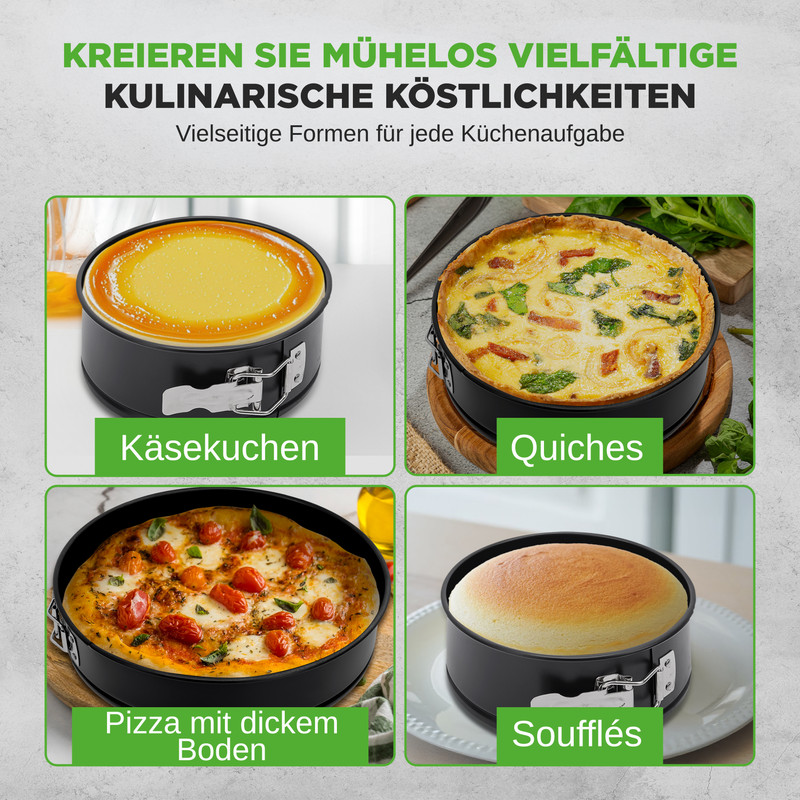 Vier runde Backformen: Käsekuchen, Quiche, Pizza und Soufflé.