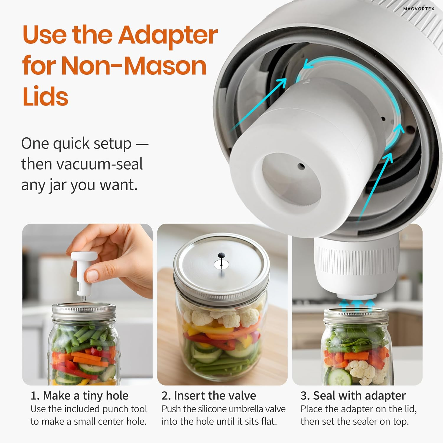 Anleitung zum Vakuumversiegeln von Gläsern mit einem Adapter für Nicht-Mason-Gläser.
