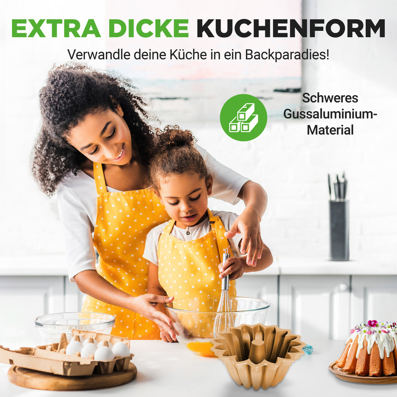 Mutter und Kind backen zusammen mit einem Kuchenform-Set aus Gusseisen.