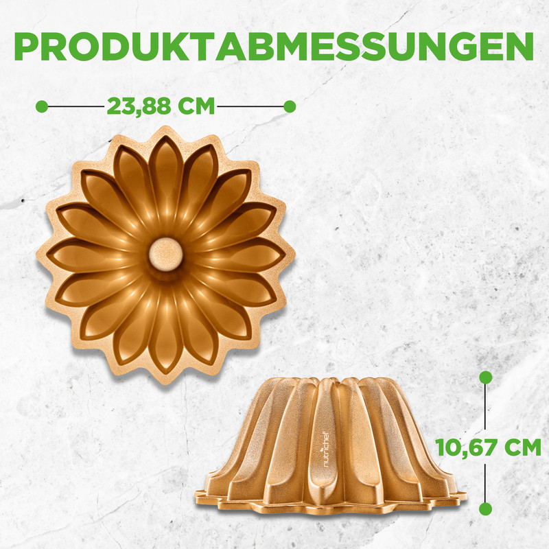 Goldene Kuchenform in Blumenform, 23,88 cm breit und 10,67 cm hoch.