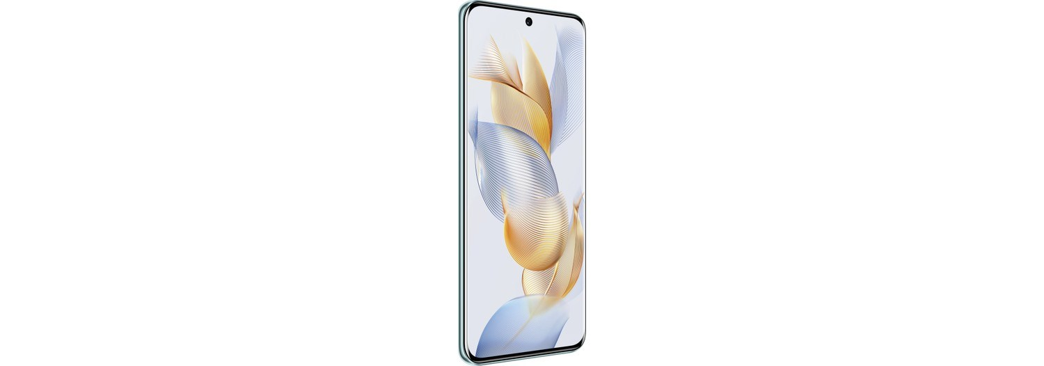 Açık mavi çerçeveli bir akıllı telefon, renkli, soyut bir duvar kağıdı gösterir.