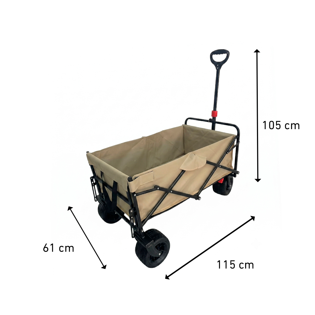 Beigefarbener Bollerwagen mit schwarzem Rahmen und Griff, 115x61x105 cm.