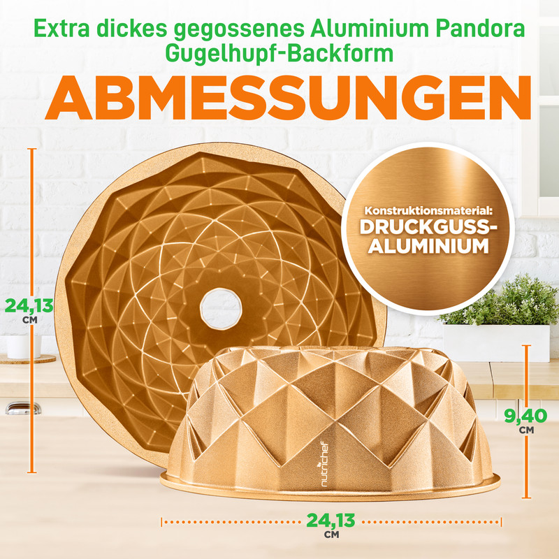 Goldene Gugelhupfform aus Aluminium, 24,13 cm Durchmesser, 9,40 cm Höhe.