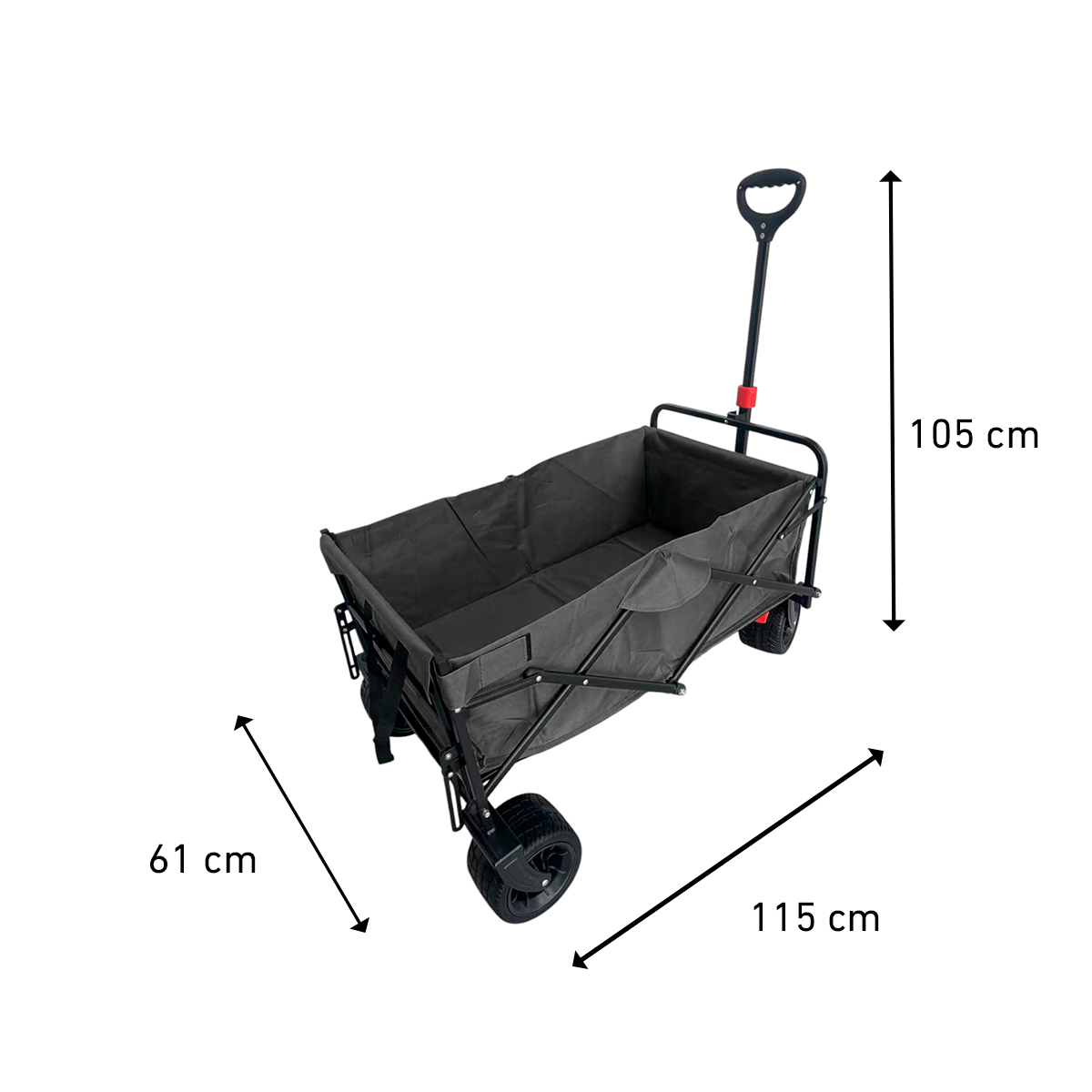 Grauer Faltwagen mit schwarzem Griff und Rädern, 115x61x105 cm.