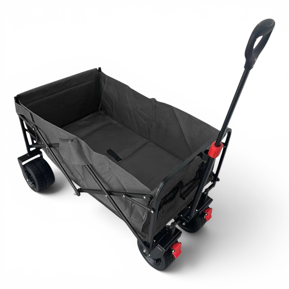 Ein grauer, faltbarer Outdoor-Wagen mit schwarzem Griff und roten Akzenten.