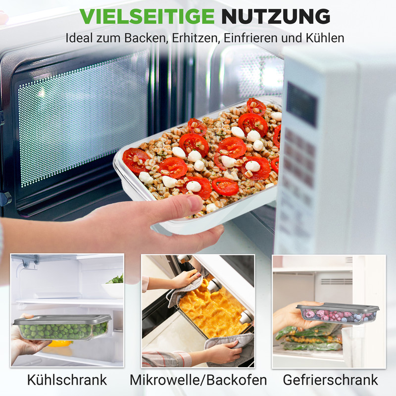 Behälter werden in Kühlschrank, Mikrowelle und Gefrierschrank gezeigt.