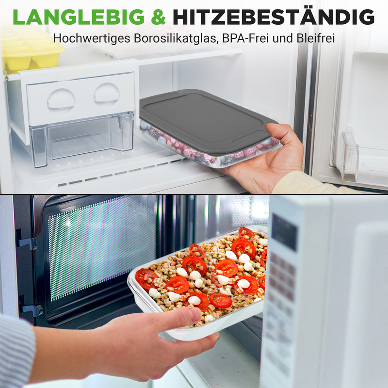 Glasbehälter mit Beeren im Kühlschrank, dann mit Essen in der Mikrowelle.