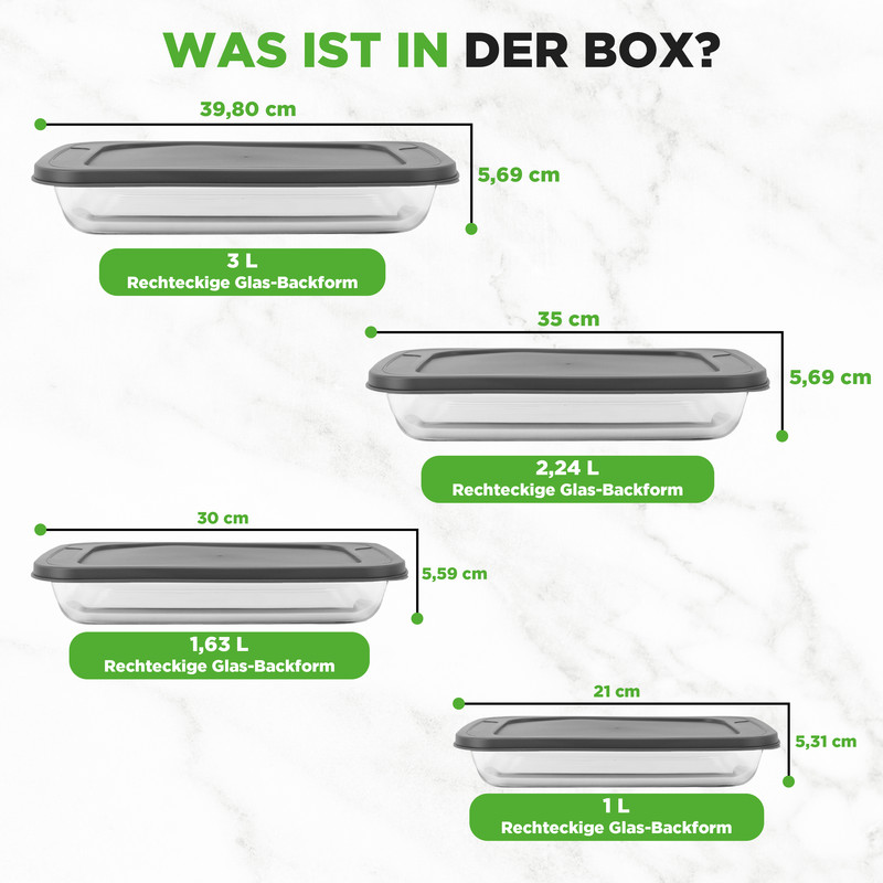 Vier rechteckige Glasbackformen mit schwarzen Deckeln und Maßen.