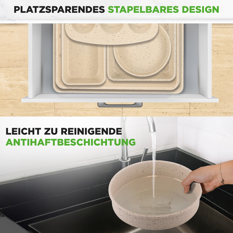 Beige Backformen stapeln sich in einer Schublade; eine Hand hält eine Schüssel unter fließendem Wasser.