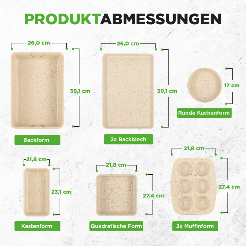 Abmessungen von Backformen: rechteckig, rund, quadratisch, Muffin.