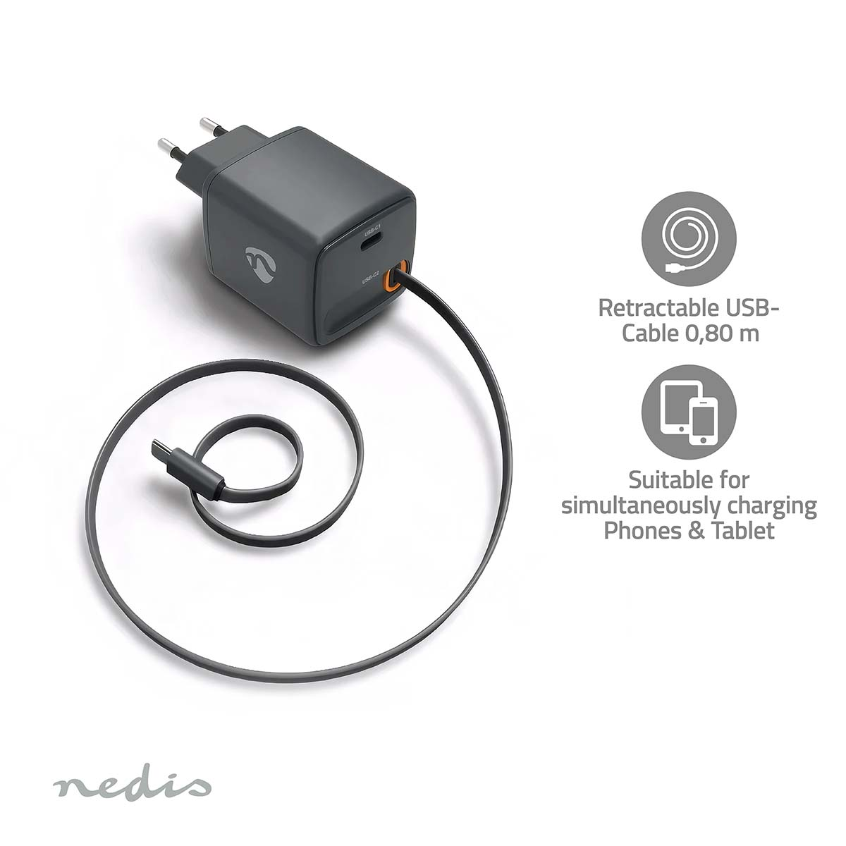 Caricatore USB-C grigio con cavo retrattile da 0,80 m, carica telefoni e tablet.