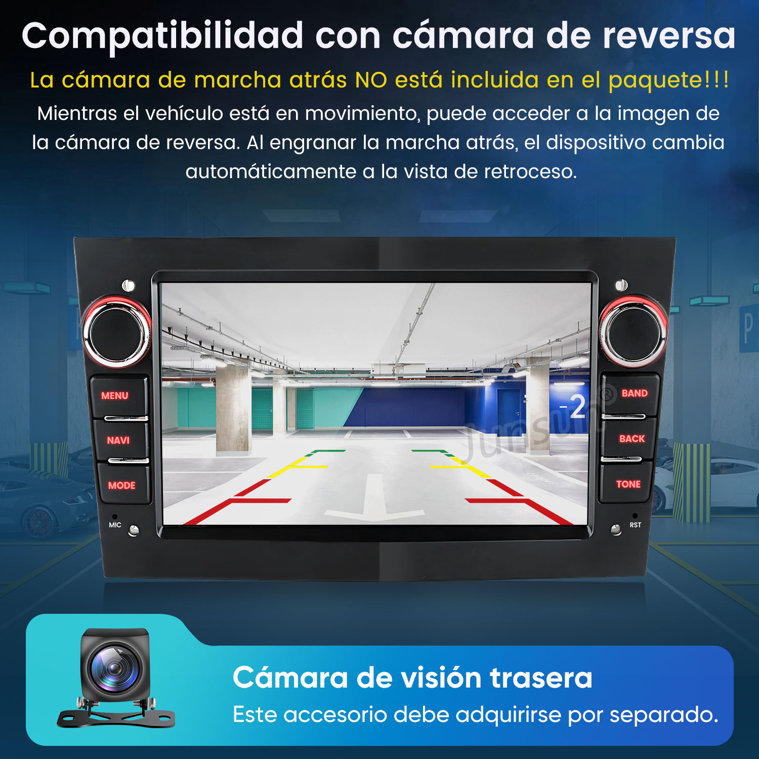 Un estéreo de coche muestra la vista de la cámara de reversa de un aparcamiento.