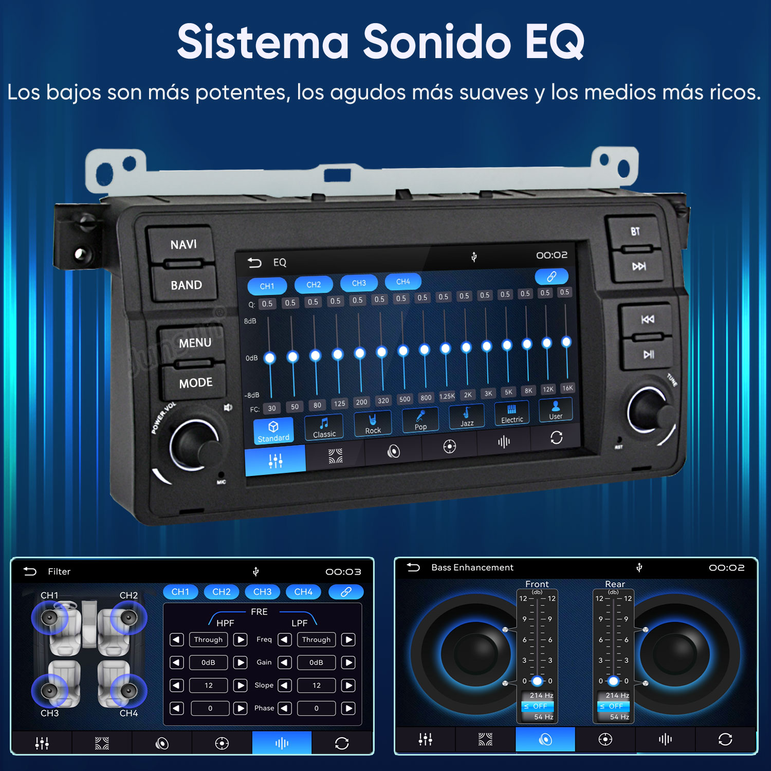 Sistema de sonido de coche con ajustes de EQ, filtro y graves en pantallas.
