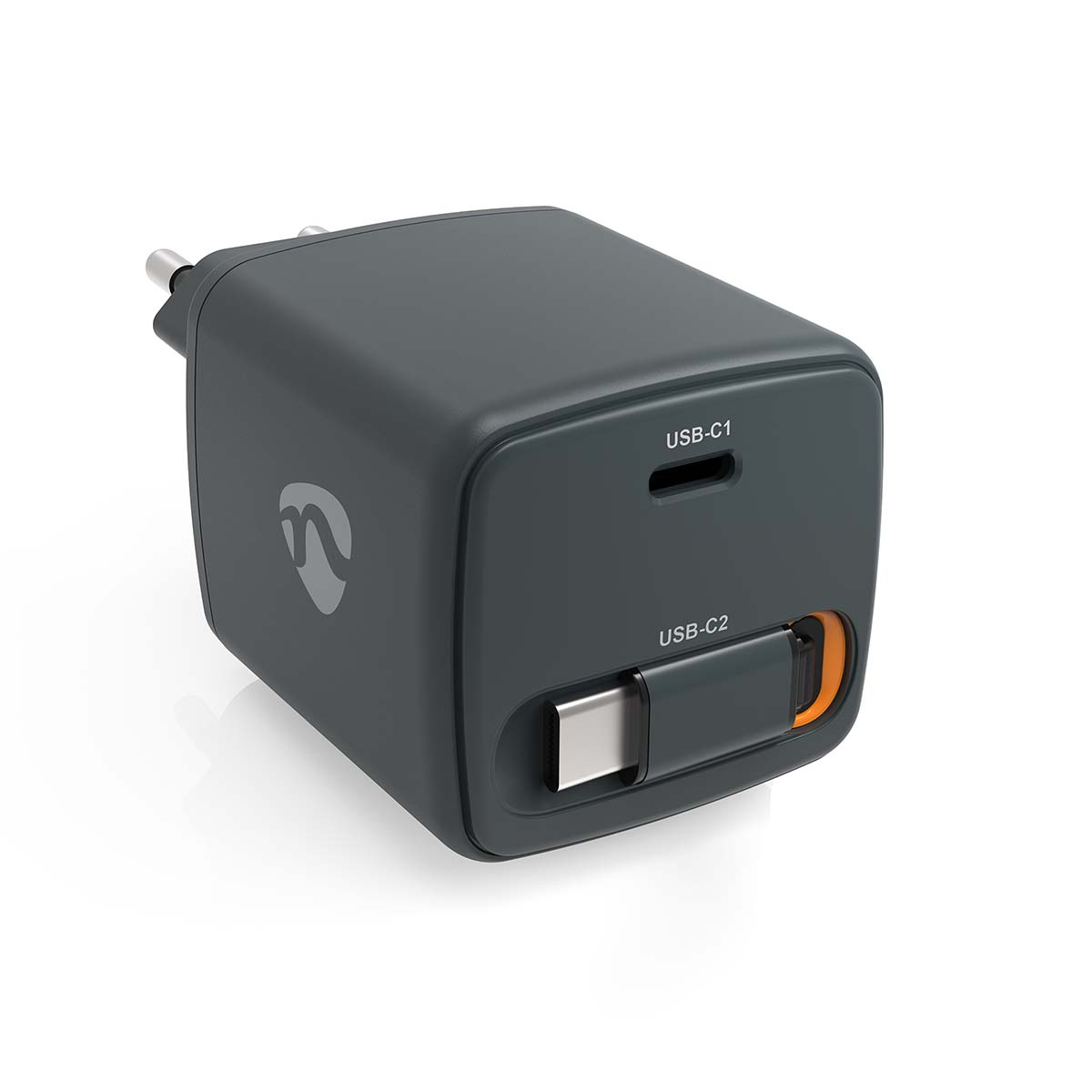 Adattatore USB-C grigio con due porte e spinotti argentati.