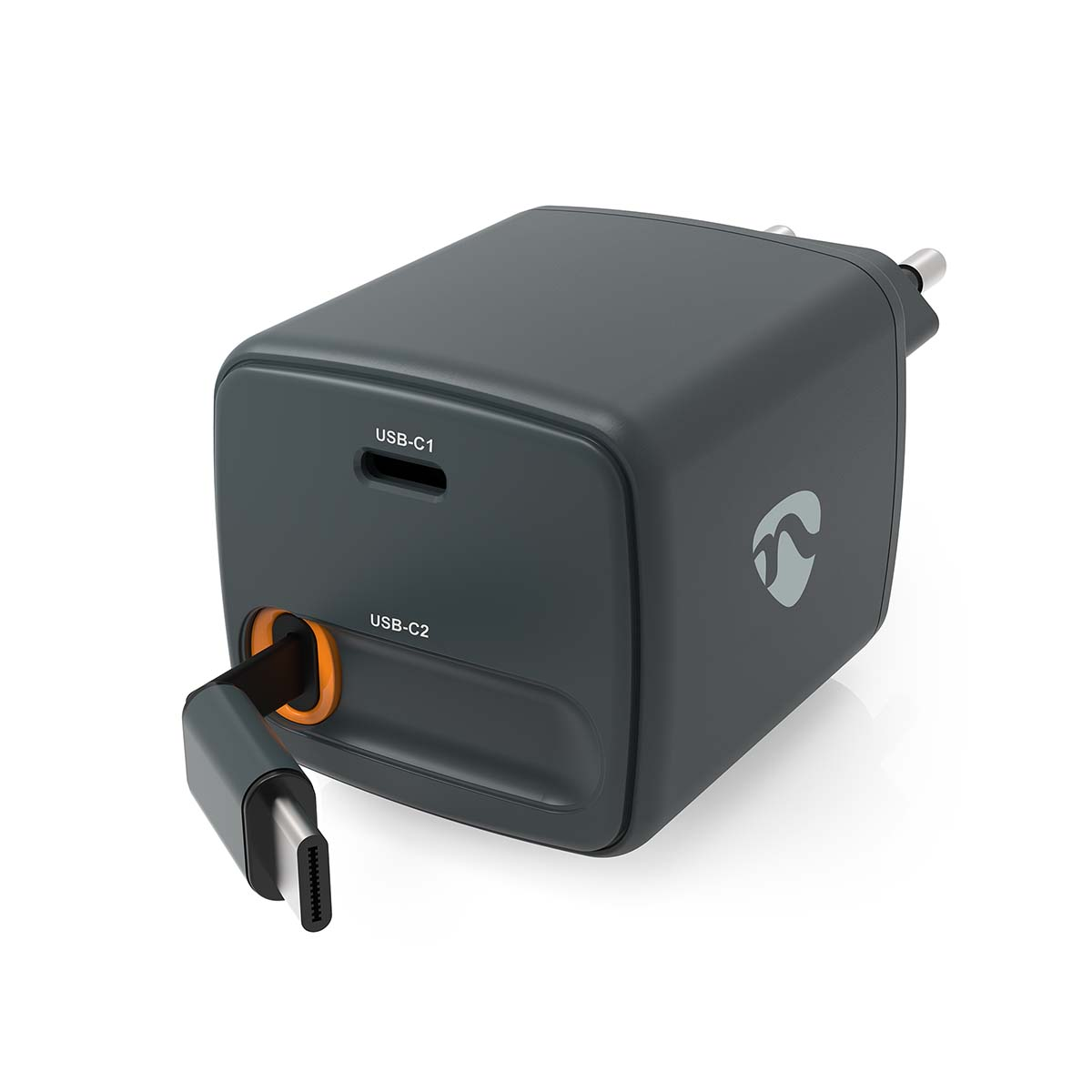 Caricatore USB-C grigio scuro con due porte e un cavo inserito.