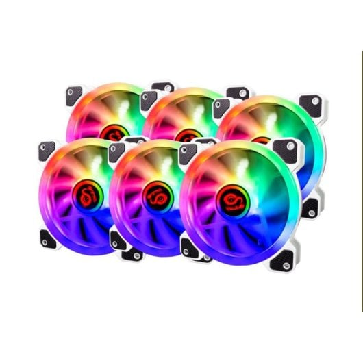 Sechs RGB-Computerlüfter mit weißen Rahmen und roten Logos, in zwei Reihen angeordnet.