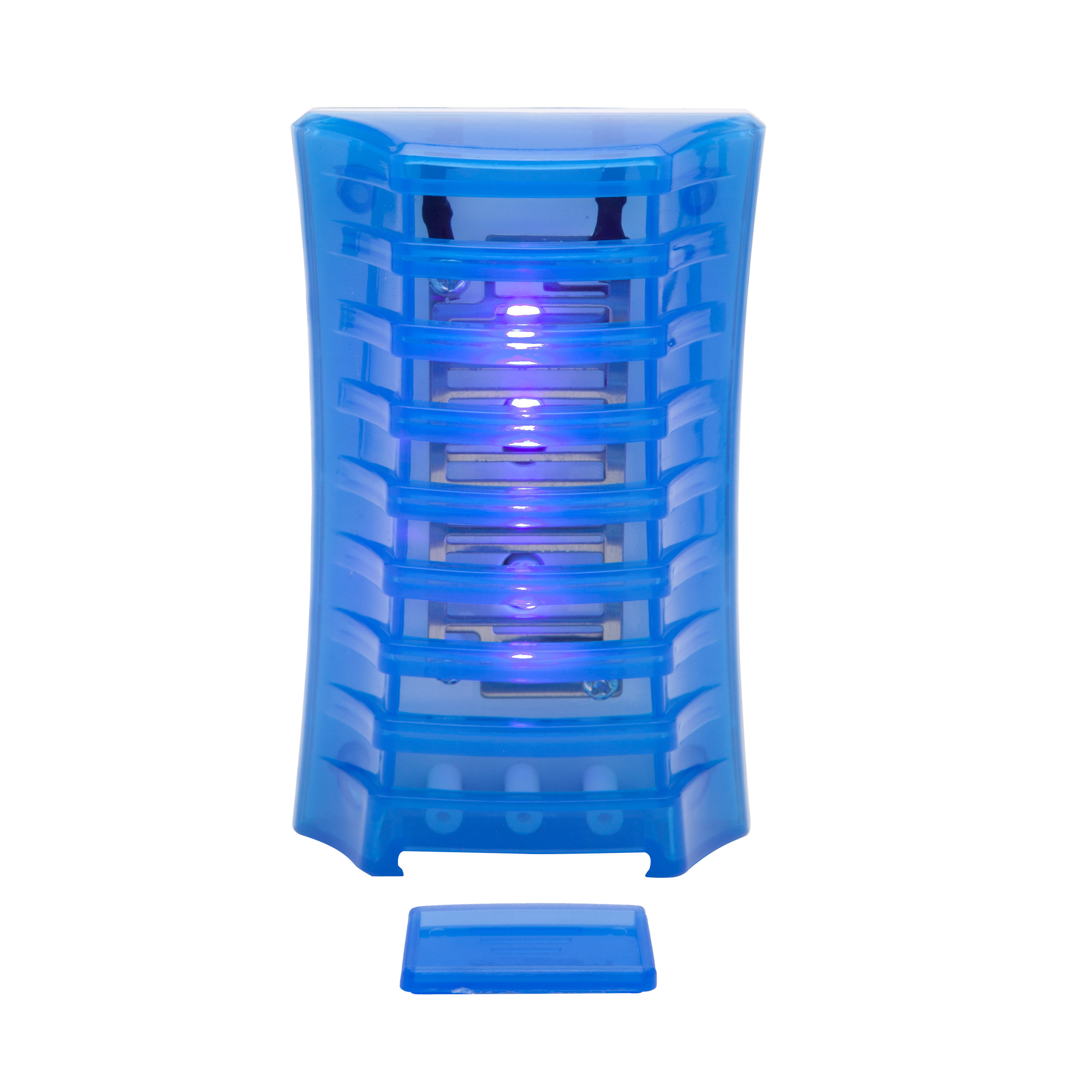 Un mata insectos azul con luz UV. Una pieza está separada abajo.