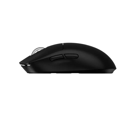 Mouse per computer nero di profilo con rotellina e due pulsanti.