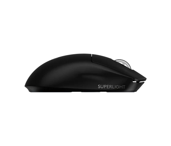 Un mouse da gaming nero con logo "SUPERLIGHT", visto di lato.