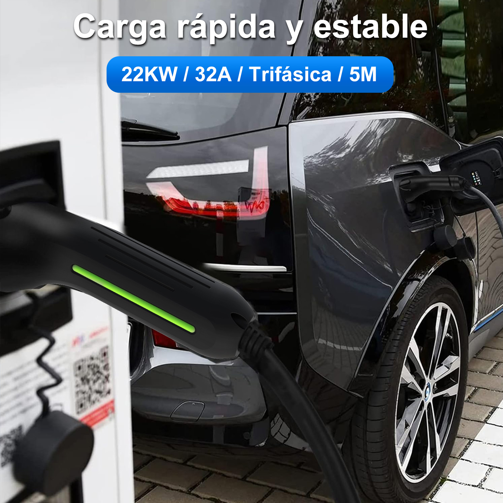 Un coche eléctrico se está cargando con un cable negro en una estación de carga.
