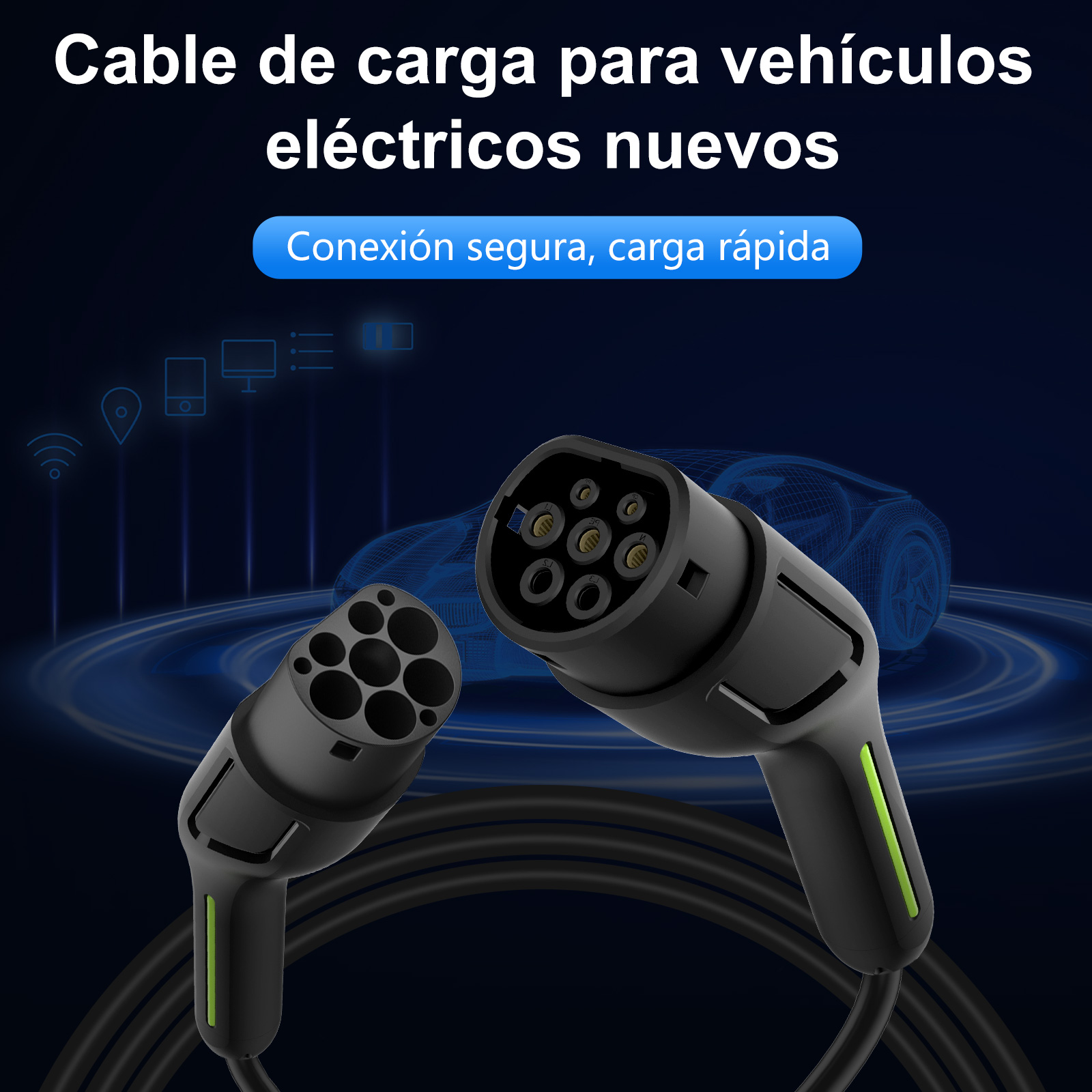 Cable de carga para vehículo eléctrico negro con dos conectores. Fondo de contorno de coche azul.